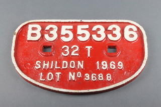 An iron railway wagon plate marked B355336 322 Shildon 1969 Lot no.3688