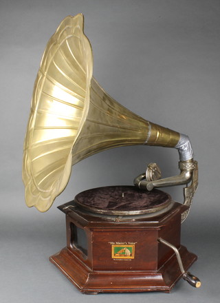 A reproduction His Master's Voice horn gramophone with brass horn and hexagonal base (requires some attention) 
