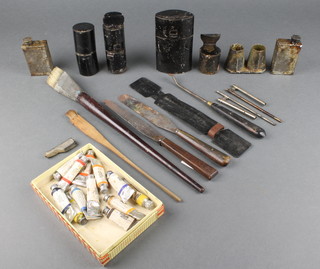 A collection of various 19th Century artists equipment including brushes, pallet knives, clamps etc 