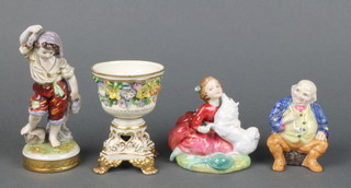 A Royal Worcester figure of a seated gentleman 3614 3 1/2", a Royal Doulton figure Home Again HN2167 3", a Continental figure of a boy 6" and a ditto urn with applied flowers 
