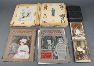 A collection of various 19th Century portrait photographs, 2 1900 editions of "The Connoisseur" and a Victorian scrap book