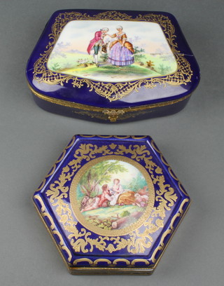 A modern Limoges hexagonal trinket box, the blue and gilt ground with a fete galante scene 8" and  a cushion shaped ditto with gilt metal mounts 10"