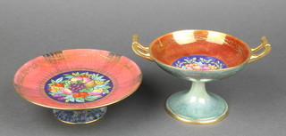 A Mintons lustre tazza decorated with fruit 6 1/2", a ditto pedestal bowl decorated with fruit 6 3/4" 
