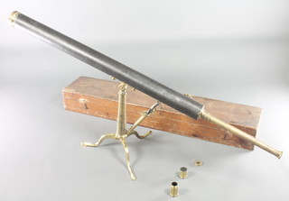 A 19th Century brass 2 draw telescope complete with tripod (slight dent to tripod), contained in a pine carrying case marked Clarkson High Street Holburn 