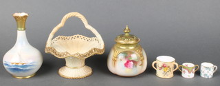 A Royal Worcester blush porcelain 3 handled miniature cup 1 1/5", 2 Royal Staffordshire ditto 1" and a Royal Worcester blush porcelain vase with pierced rim 6 1/2", a Royal Worcester Hadley potpourri with lid decorated with flowers 5" and a ditto vase decorated with a boat at sea, signed Russell 6" 
