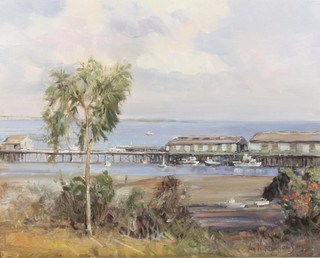 Carl Van Nieuwmans, oil on board, signed, an Australian view "Stokes Hill Wharf Late Afternoon" 15 1/2" x 19 1/2" 
