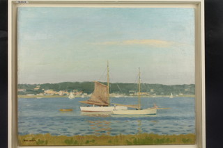 Frank Jameson, oil on board, signed, Poole an inlet scene with boats 14" x 18" 