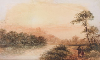 Edwardian watercolour, unsigned, moonlit landscape with figures 7 1/2" x 12"