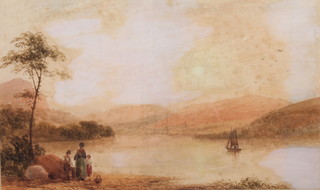 Edwardian watercolour, unsigned, sunset study of figures beside a lake 8" x 12"