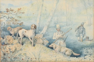 Edwardian watercolours, a pair, hunting scenes with figures and hounds, unsigned,  7" x 10"