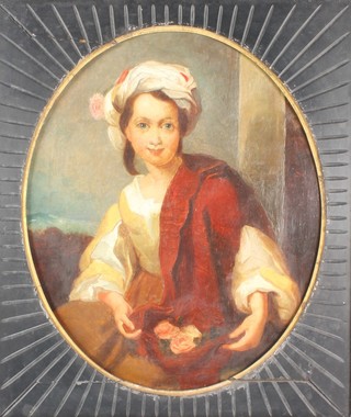 After Murillo, oil on canvas, study of The Flower Girl 13" x 10 1/2", oval,  in a painted frame