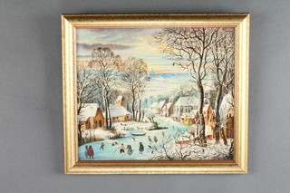 20th Century oil on board, an extensive Dutch winter landscape with skaters, unsigned 7 1/2" x 9"