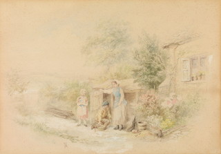 After Birket Foster, watercolour, bearing a monogram, figures before a cottage 9 1/2" x 13"