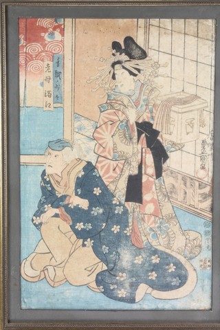 Japanese woodblock, signed, an interior study with 2 figures 14" x 9" 