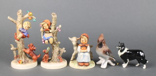 3 Hummel figures - a seated girl with lamb 182 4", a ditto Out of Danger 56/b 6 1/2", ditto of a boy in a tree 36/a 6 1/2" together with a Beswick figure of a dog 4" and a Goebel figure of a bird 3" 