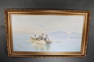 20th Century oil on canvas, fishermen pulling in their catch, indistinctly signed, 31" x 58 1/2" 