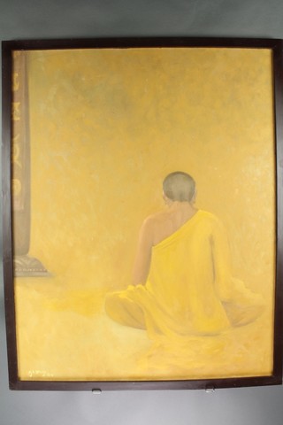 20th Century oil on canvas, a study of a seated monk, indistinctly signed 37" x 29" 