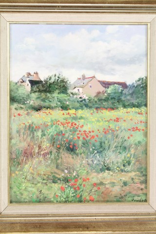Laurent Vialet, oil on canvas, a rural scene with buildings and floral meadow, signed 19" x 10"