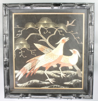 Chinese silk work embroidery of 2 exotic birds beneath trees in a faux ebonise bamboo frame 14" x 17" 