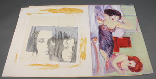 Sassu, oil, study of 2 ladies in a bedroom, unframed, 12 1/2" x 20", a 20th Century mixed media portrait study 19" x 19" unframed