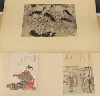Chinese prints, figures with attendants, signed 8 1/2" x 11 1/2", figures before temple signed 8" x 5 1/2"  and study of a courtesan, signed, 8 1/2" x 5 1/2", all unframed 