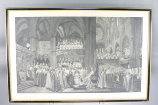 J H F Bacon, a print, "The Coronation Ceremony of His Most Gracious Majesty King George V in Westminster Abbey 1911", signed in pencil 19" x 32" 