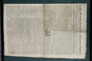 Sussex Weekly Advertiser or Lewes Journal 1774, framed 18 1/2" x 12" 