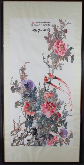 A 20th Century Chinese watercolour, exotic birds amongst flowers, signed 54" x 27"