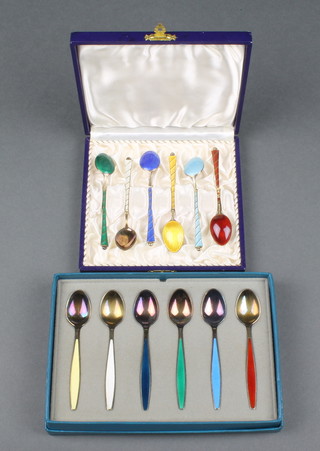 A boxed set of silver and guilloche enamel coffee spoons by Georg Jensen together with a boxed set of 6 ditto 