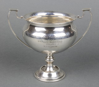 A silver two handled trophy with inscription London 1926, 145gr, 5"