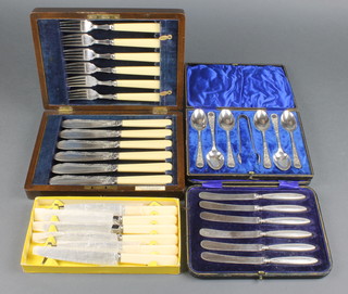 A cased set of silver plated fish eaters for 6, 2 other cased sets and a box of knives
