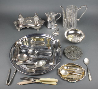 A Victorian silver plated 2 bottle ink stand on scroll feet 12", a plated tray and minor plated items