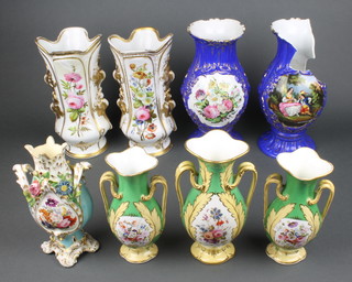 A pair of 19th Century Paris porcelain baluster vases with gilt and floral decoration 10", a trio of green ground ditto 7 1/2" 8 1/2", a turquoise ditto with applied and painted flowers 8 1/2" and a pair of blue ground ditto with fete galant views 11" 