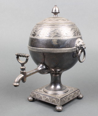 A Victorian silver plated chased spherical samovar with acorn finial and lion ring handles on raised square base with ball feet 