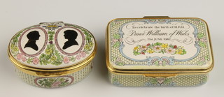 2 Halcyon Days enamelled boxes to celebrate the birth of HRH Prince William of Wales 21 June 1982 2 1/4" and HRH The Prince of Wales and Lady Diana Spencer on the occasional of their marriage 29 June 1981 1 3/4", both boxed
