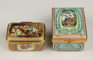 2 Halcyon Days enamelled boxes commemorating Watteau 123/300 2 1/2" and Greg's Progress 2", both boxed