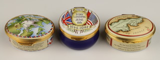 3 Halcyon Days enamelled boxes 50th Anniversary of VE Day 1945-1995 2", 50th Anniversary of the D Day Landings 2" 126/750 and D Day 1 1/2"