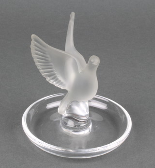 A modern Lalique ring holder in the form of a dove with outstretched wings, etched Lalique France 4" 