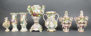 A pair of 19th Century Coalbrookdale style vases with applied flowers 8", a similar baluster vase 5", a 2 handled ditto 7", a pair of baluster vases and covers 8" and a ditto baluster vase and stand 12" 