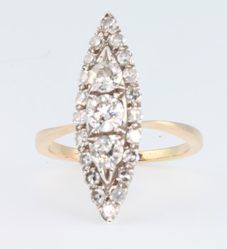 A Victorian style yellow gold up finger diamond ring with 3 centre diamonds flanked by 20 brilliant cut diamonds, size O 