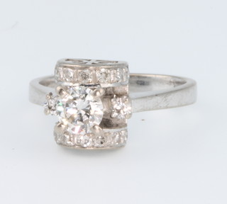 A 14ct white gold diamond ring, the centre stone approx 0.5ct in a chariot style mount, size J