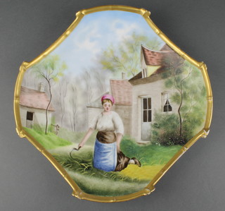 A Continental porcelain bowl decorated a figure of a kneeling lady by a cottage, indistinctly signed 13" 