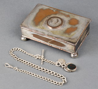 A silver Albert with T bar and swivel seal and coin 46 grams together with a silver plated cigarette box 