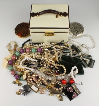 A quantity of Victorian and later costume jewellery including a gold script pendant on chain a red and gilt compact, cultured and simulated pearls etc  