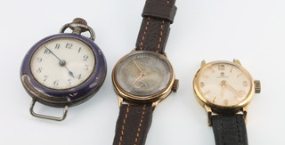 A lady's 9ct gold Sima wristwatch, an Omega gilt ditto together with an enamelled fob watch 