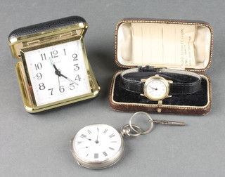 A silver cased fob watch with key wind movement, a bedroom timepiece and lady's wristwatch 