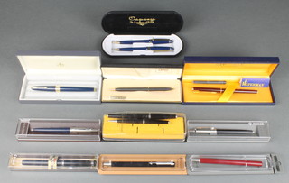 A blue Parker 17 fountain pen, 4 later rollerball ballpoint pens, boxed Osprey roller ball and propelling pencil, a ditto Conway Stewart fountain pen and propelling pencil, a modern Waterman's fountain pen and a Pentel roller ball 