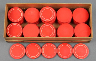 78 red stained ivory circular casino chips 1 3/4" and 17 octagonal ditto 1 3/4" made for the Shanghai Municipal Casino in the 1930's 