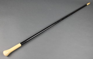 A 19th Century ebonised and turned ivory walking cane with simple knop and tip 37" 