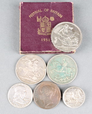 A crown 1890, minor coins including Festival of Britain boxed 